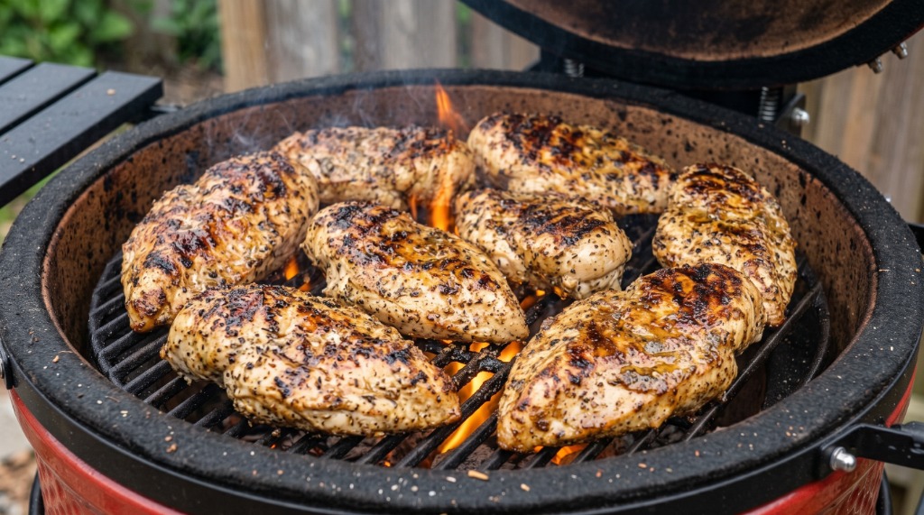 Cattleman's Roadhouse Donated Chicken Breasts Flame-Grilling on the Big Red Egg by Chef Clayton Wynne