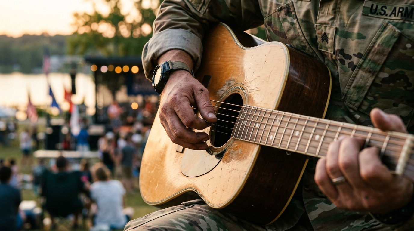 Veteran picking acoustic guitar in military uniform