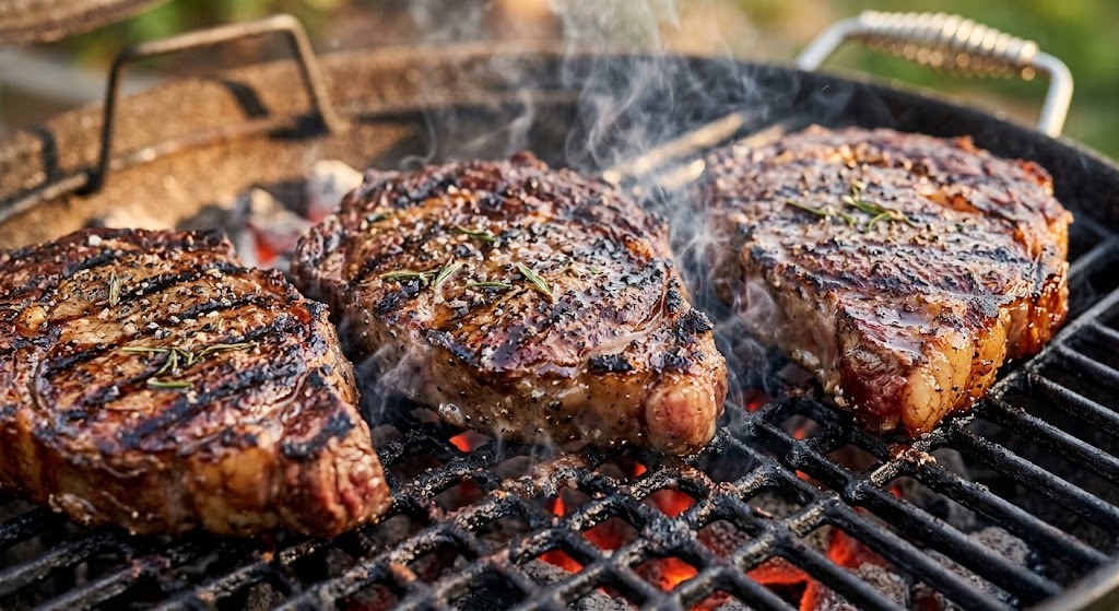 Steaks sizzling on the grill