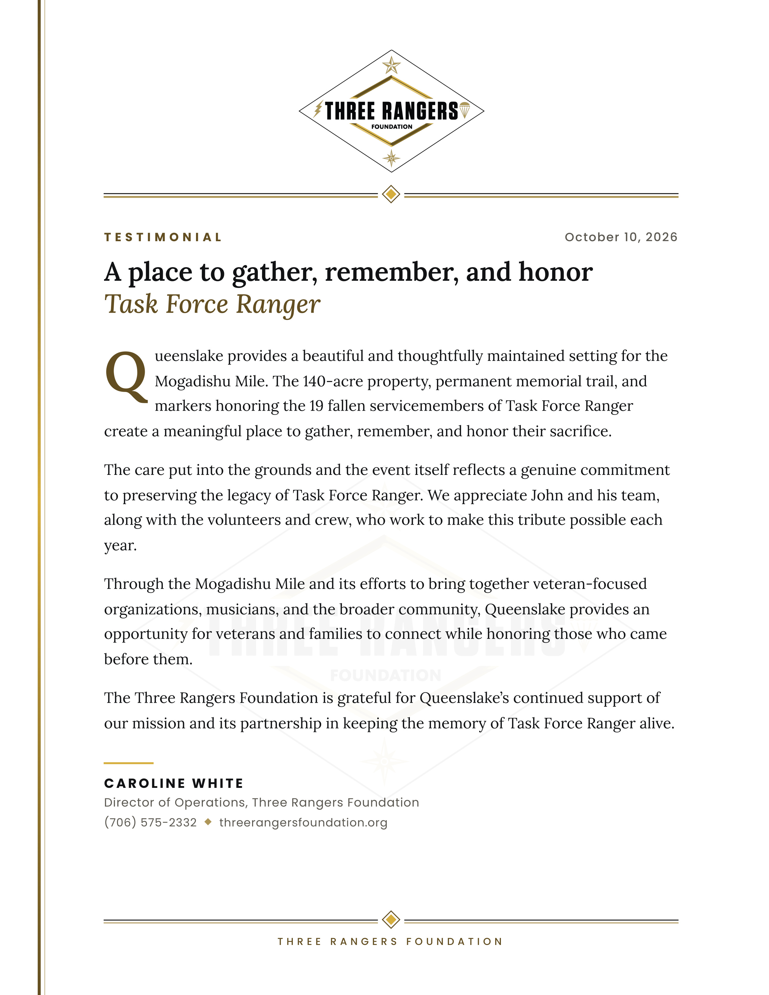 Official Three Rangers Foundation Testimonial Letter - Caroline White