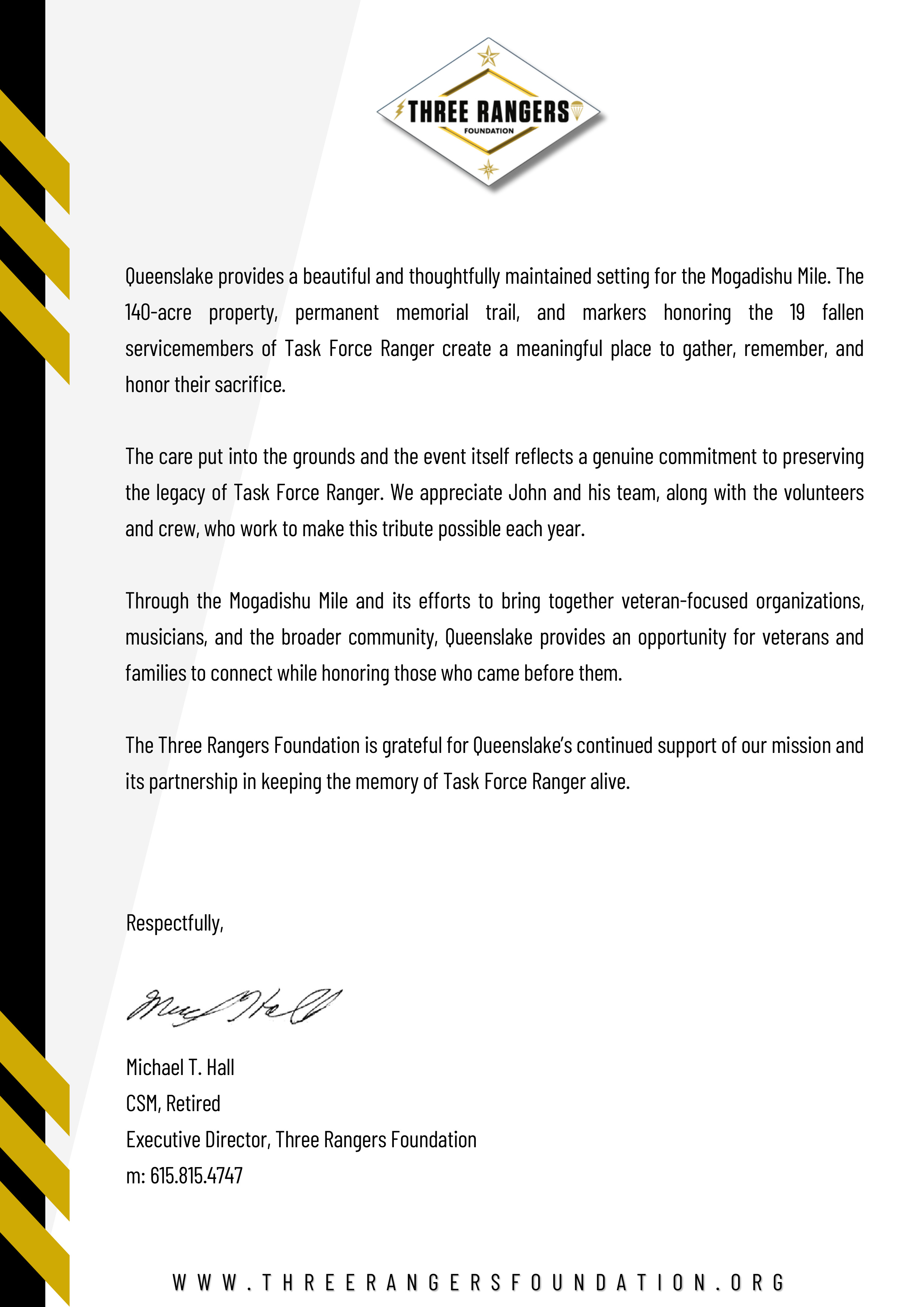 Official Three Rangers Foundation Testimonial Letter - CSM (Ret.) Michael T. Hall