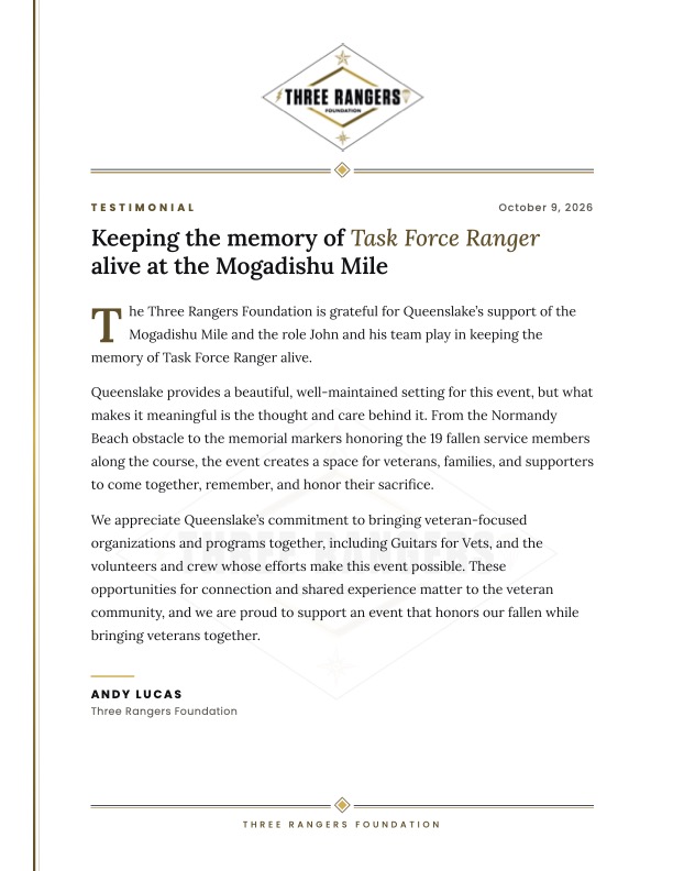 Official Testimonial Letter from Three Rangers Foundation
